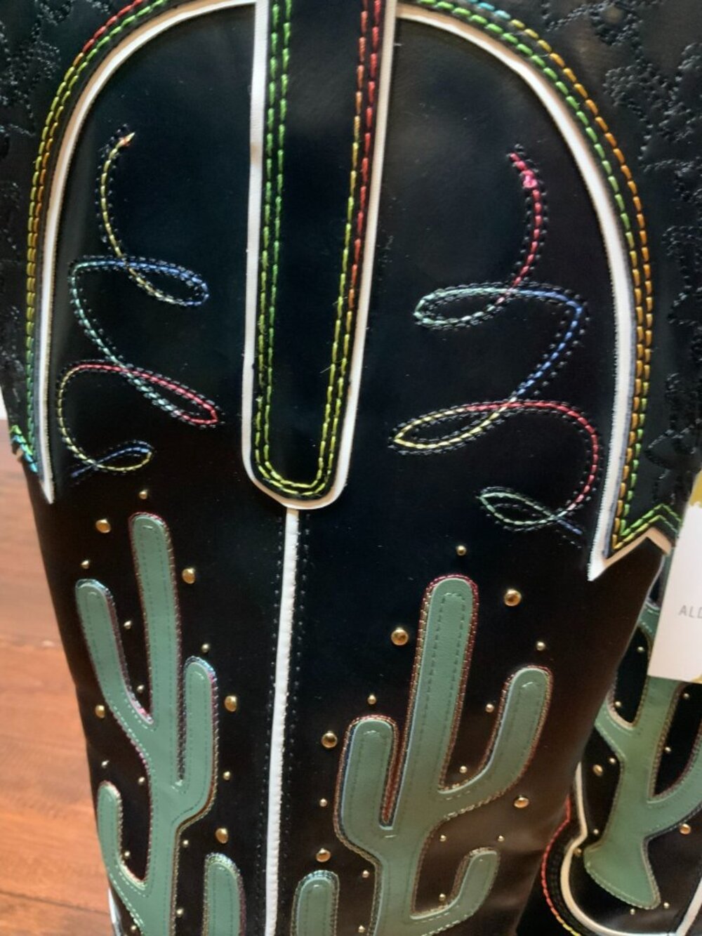 Zara Black Contrasting Knee High Cactus Embroidered Cowboy Boots, Size 9 NEW! - Picture 5 of 11